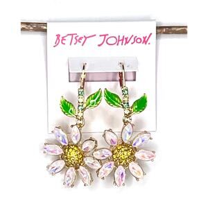 Betsey Johnson Iridescent Stone FLOWER EARRINGS 2.5" Dangle Drop Daisy Flowers